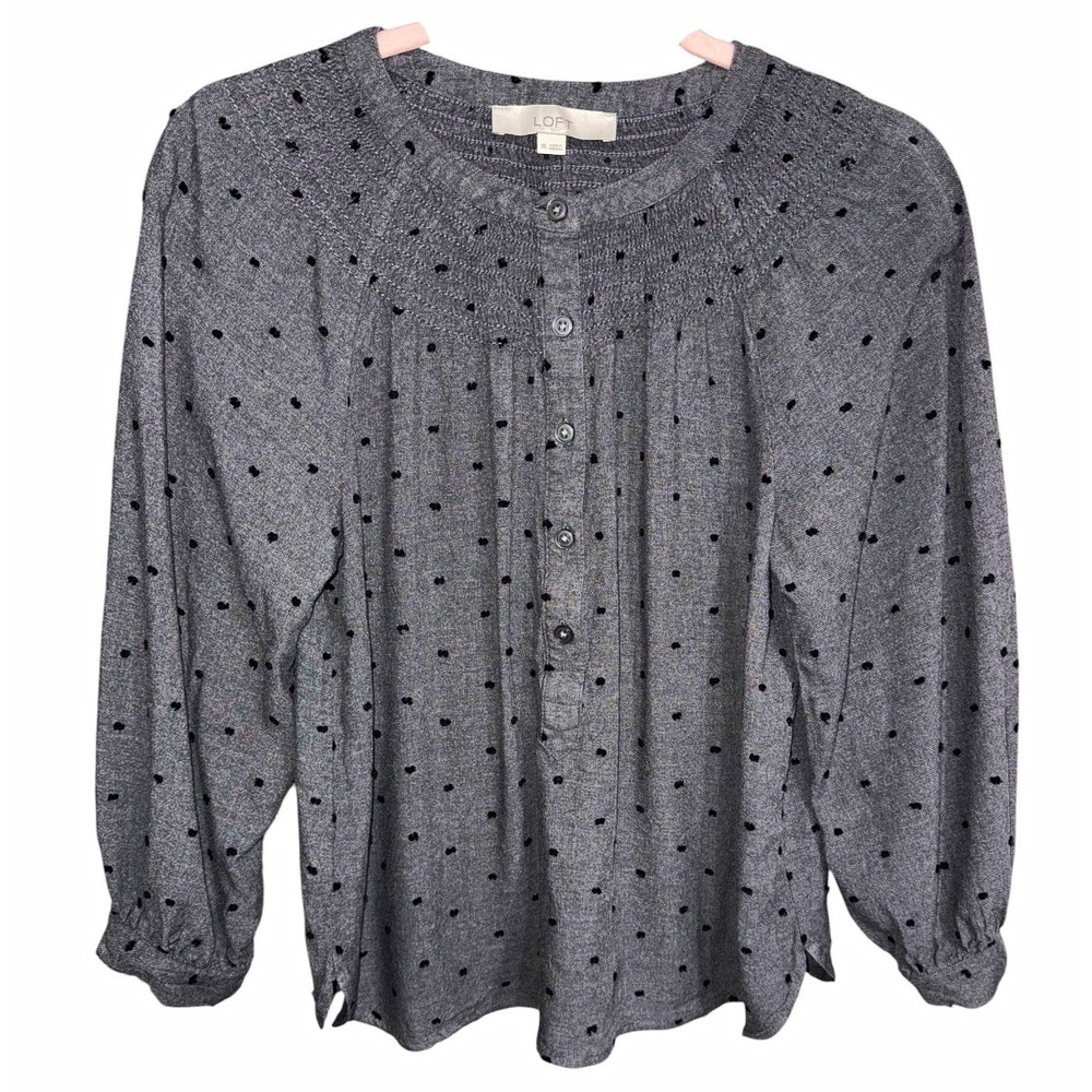 LOFT XS Gray Black Clip Dot Blouse 3/4 Sleeve Button Front Rayon Top